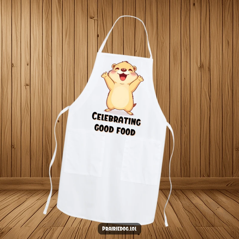 Funny apron depicting a prairie dog mid-celebratory jump with its front paws in the air, ready for kitchen fun.