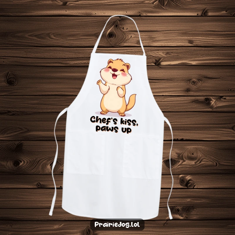 Funny apron with a smiling prairie dog standing on its hind legs with paws up in a playful celebration, perfect for kitchen fun.