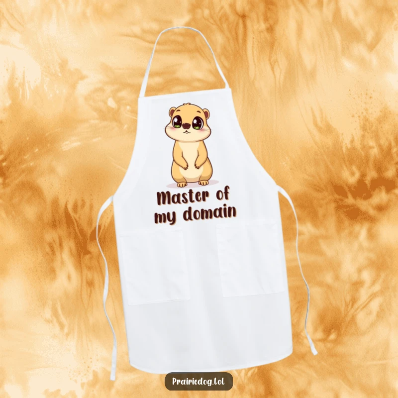 Funny apron showing a prairie dog with big, curious eyes, standing on its hind legs and surveying, ideal for cooking.