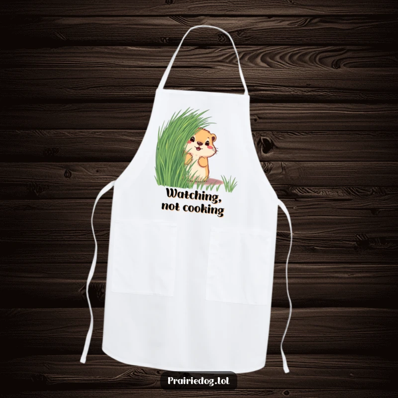 Funny prairie dog peeking from behind grass on a functional apron, ready for kitchen adventures with a humorous touch.