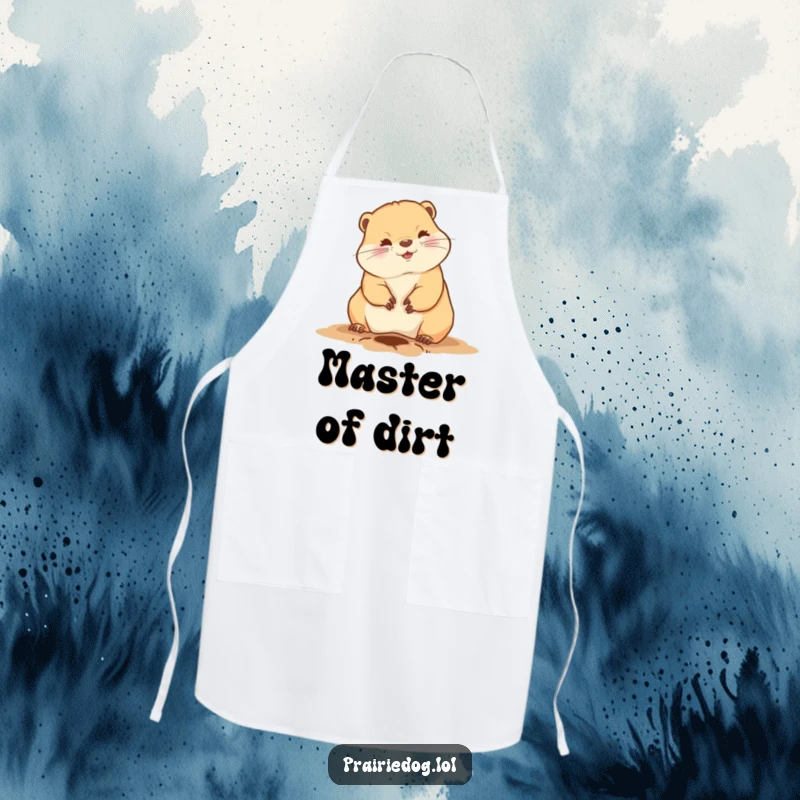 Funny prairie dog apron showing a cute animal digging a hole with its front claws, perfect for humorous kitchen activities
