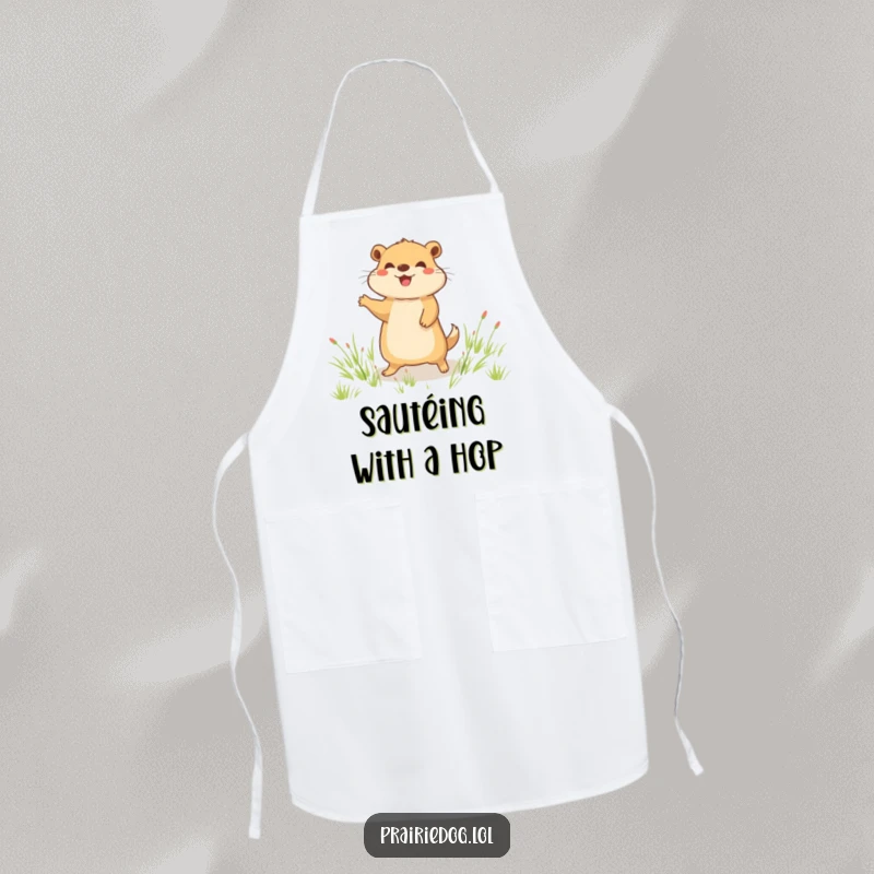 Funny apron with a joyful prairie dog character doing a happy little hop in a grassy field, perfect for kitchen fun.