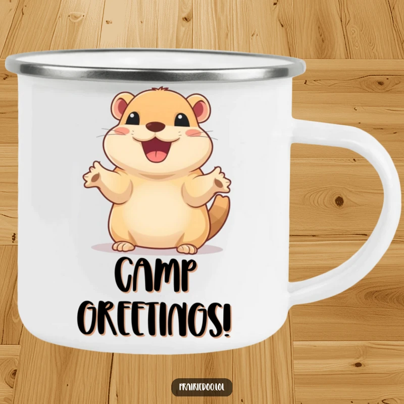 Funny camping mug showing a prairie dog with a wide, excited smile, enthusiastically waving its tiny paws.