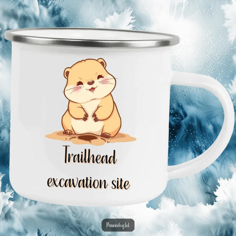 Funny prairie dog camping mug showing a cute animal digging a hole with its front claws, perfect for outdoor humor