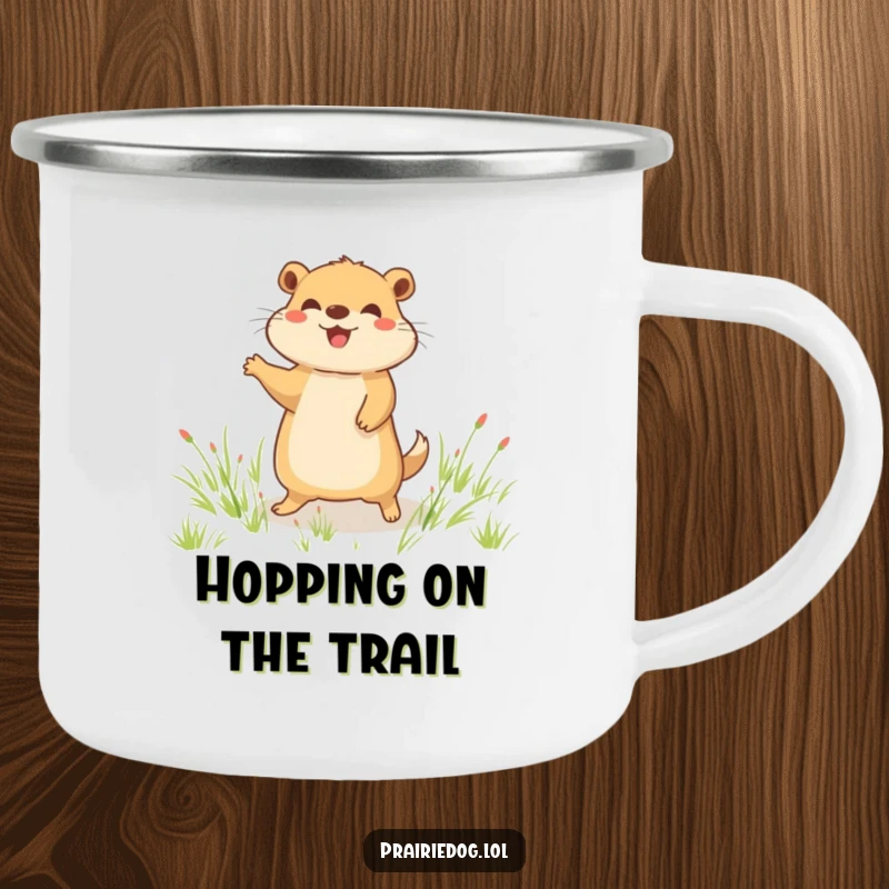 Funny camping mug with a joyful prairie dog character doing a happy little hop in a grassy field, bringing fun to camp.