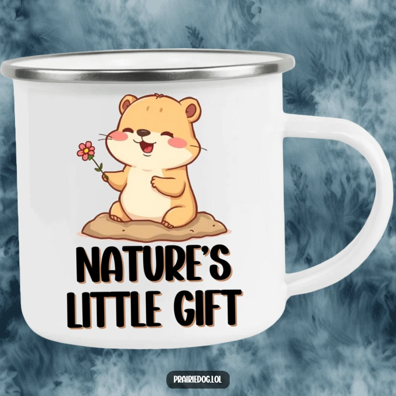 Funny camping mug showing a happy prairie dog emerging from its burrow with a tiny flower, ready for the outdoors.