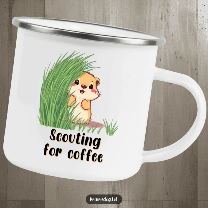 Funny prairie dog peeking from behind grass on a sturdy camping mug, ideal for enjoying drinks on the go.