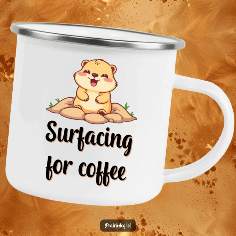 Funny camping mug with a cute prairie dog popping out of a burrow with glee, bringing fun to your campsite beverages.