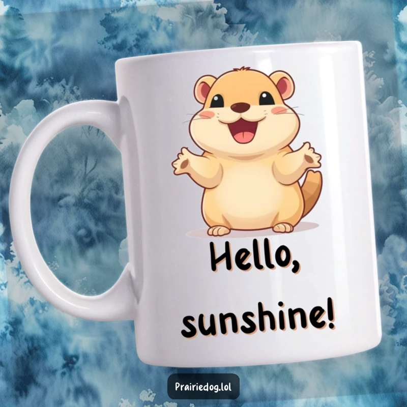 Funny mug showing a prairie dog with a wide, excited smile, enthusiastically waving its tiny paws in greeting.