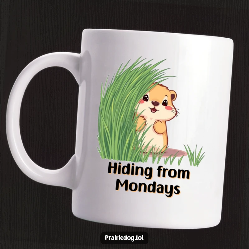 Funny prairie dog peeking curiously from behind lush green grass on a ceramic mug, a whimsical and humorous gift.
