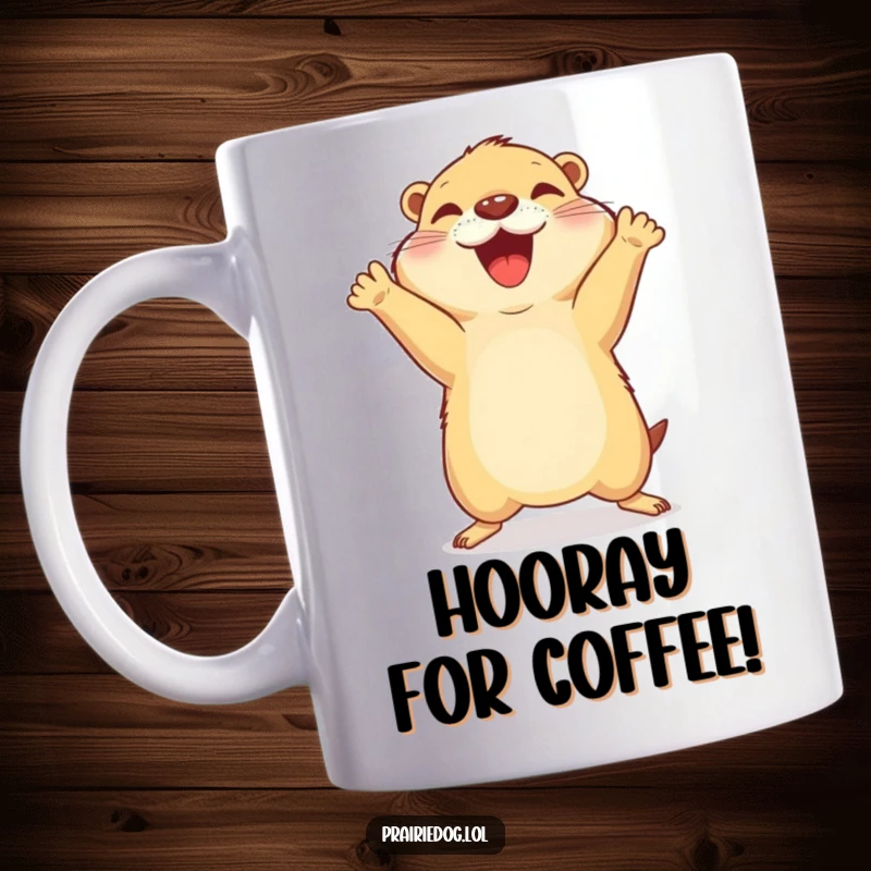 Funny mug showing an ecstatic prairie dog performing a joyful celebratory jump with its front paws raised high.