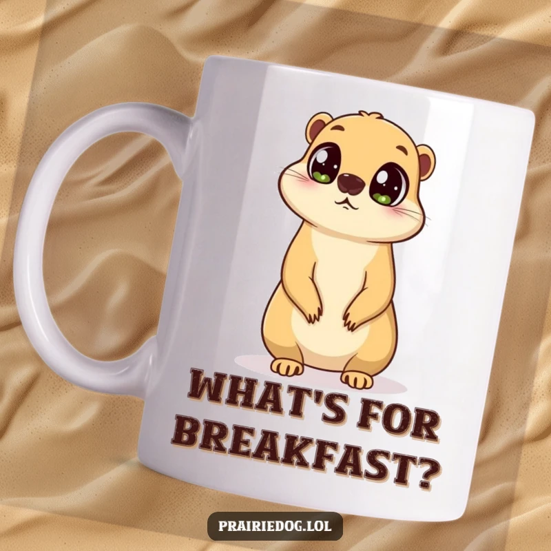 Funny mug showcasing a prairie dog with big, curious eyes, standing alertly on its hind legs and surveying its domain.