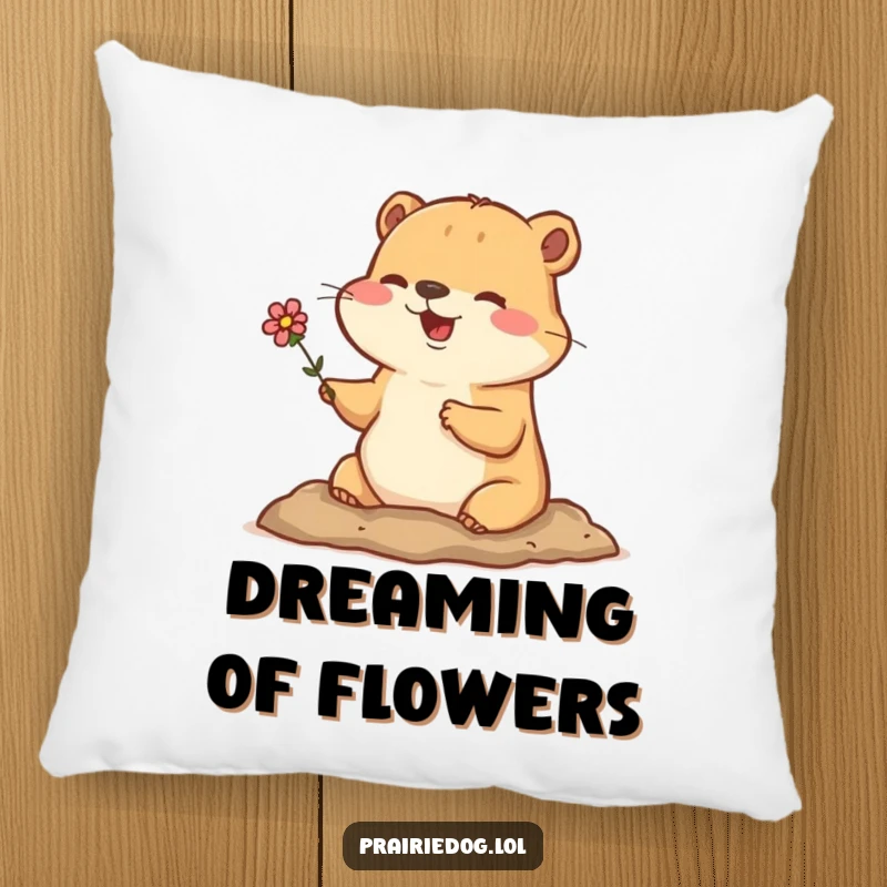 Funny pillow featuring a happy prairie dog holding a tiny flower while peeking from its burrow, humorous decor.