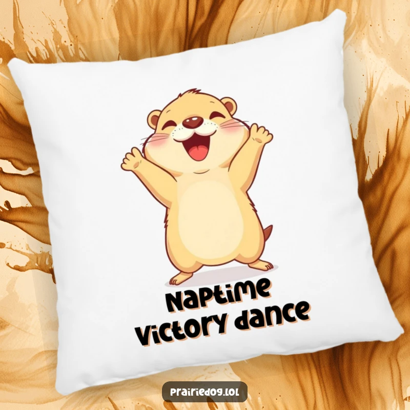 Funny pillow showcasing a joyful prairie dog in mid-celebratory jump with its front paws raised high, adding cheer.