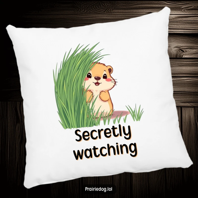 Funny prairie dog peeking from behind grass on a soft, plush pillow, offering a charming and humorous decorative accent.