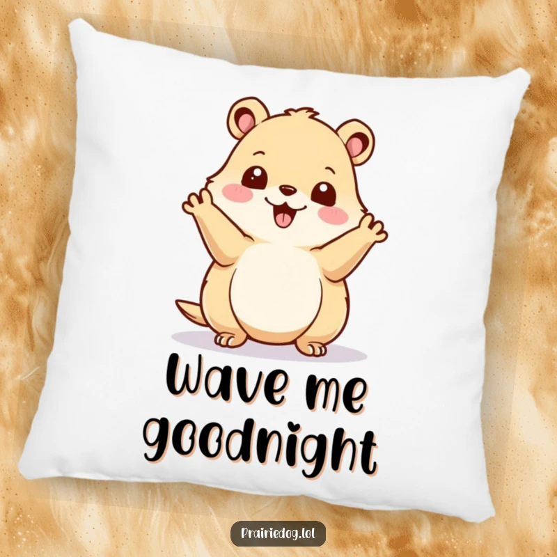 Funny prairie dog waving happily on a soft, plush pillow, bringing a dose of energetic cheer to any room.