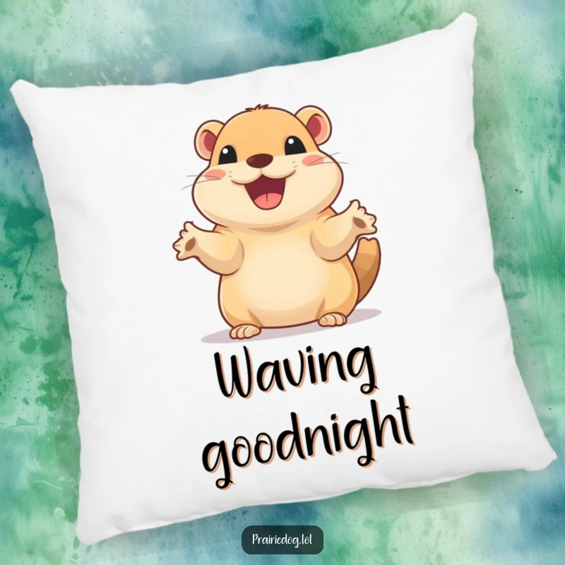 Funny pillow showcasing a prairie dog with a wide, excited smile, happily waving its tiny paws.