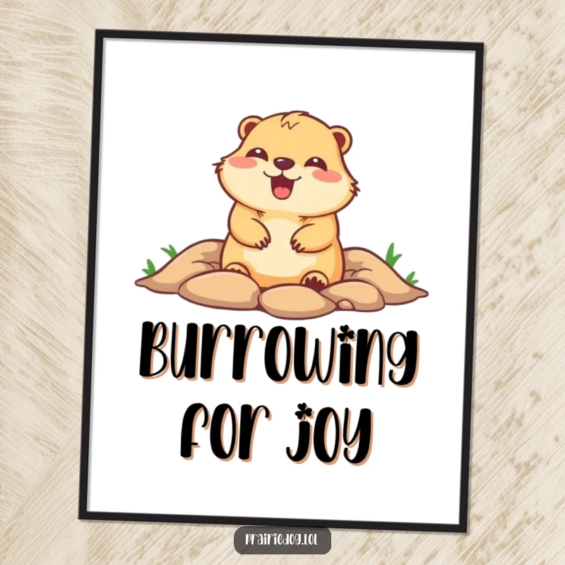 Funny digital art print of a cute prairie dog popping out of a burrow with a gleeful expression, bringing instant humor and charm.