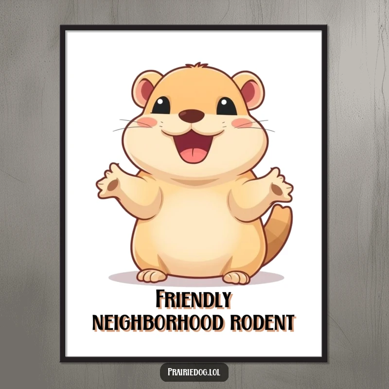 Funny digital art print of a prairie dog with a wide, excited smile, waving its tiny paws.