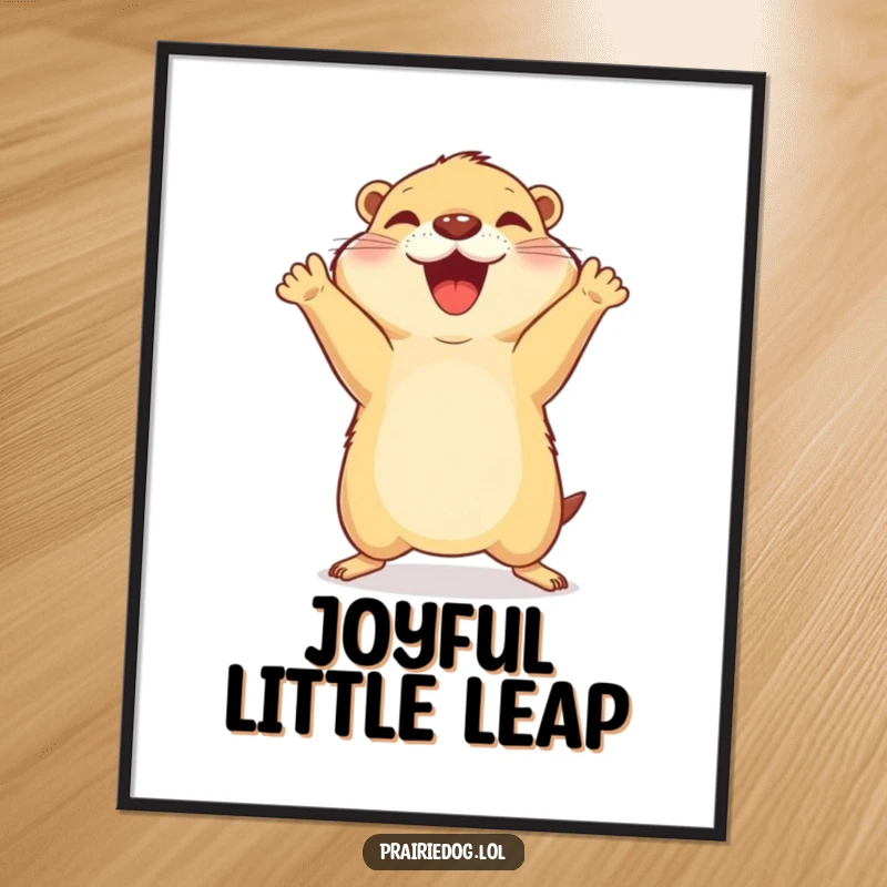 Funny digital art print of a prairie dog performing a joyful celebratory jump with its front paws in the air.