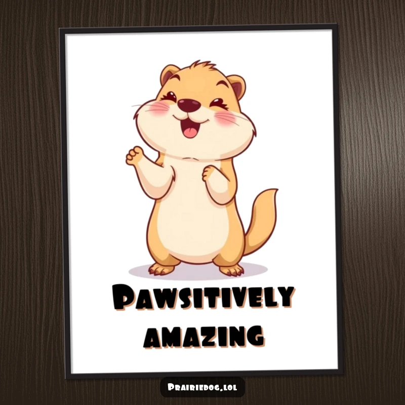 Funny digital art print of a smiling prairie dog standing on its hind legs with paws up in a playful celebration, bringing instant humor.