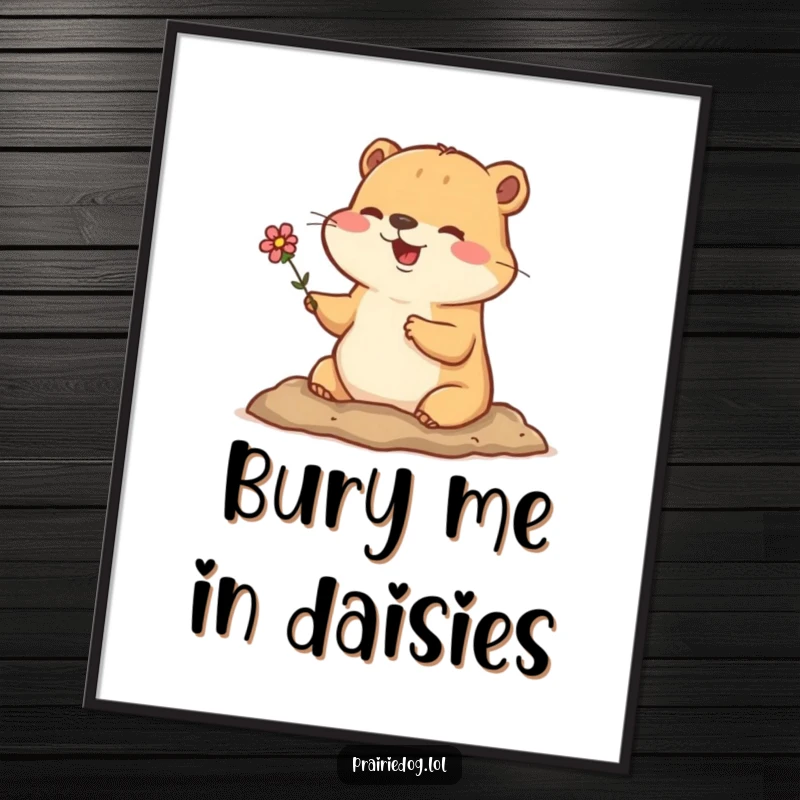 Funny digital art print of a happy prairie dog with a tiny flower, popping out of its burrow, ready for display.