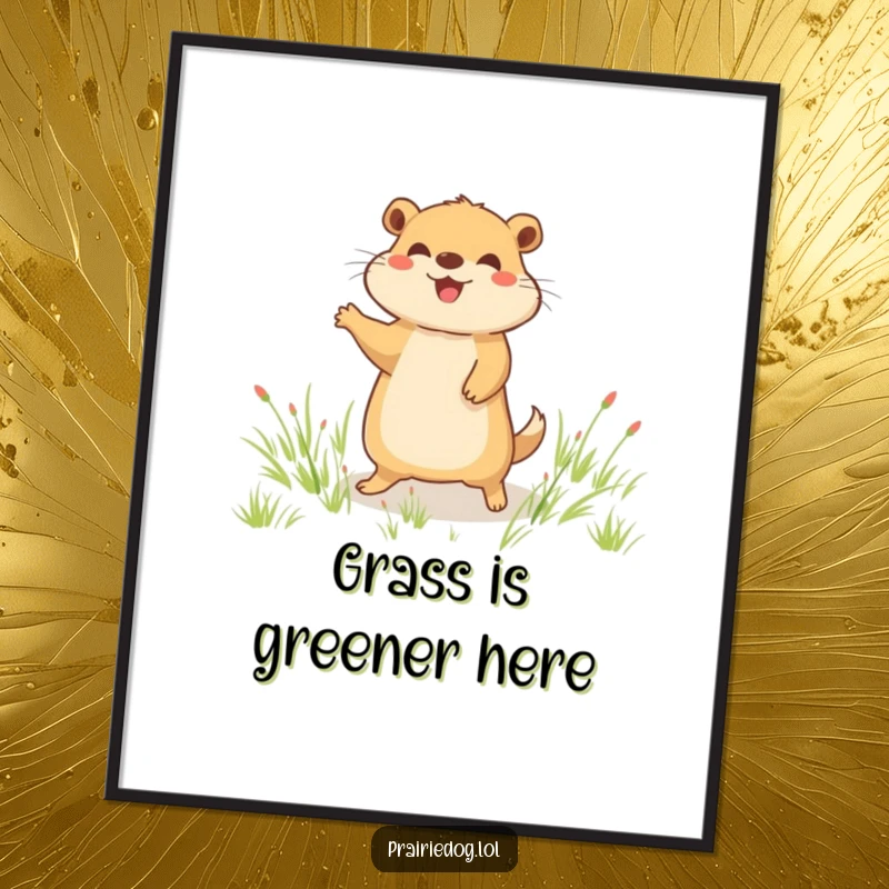 Funny digital art print of a joyful prairie dog character doing a happy little hop in a grassy field, bringing instant humor.