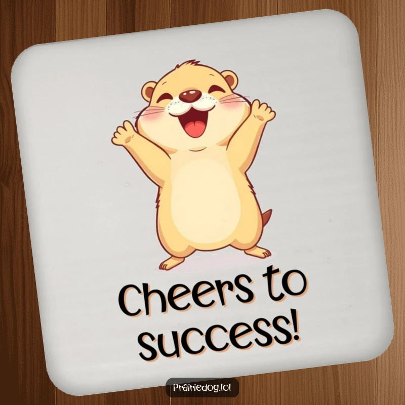 Funny drink coaster with a prairie dog in a joyful celebratory jump, front paws up in the air.