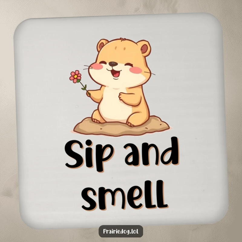 Funny drink coaster with a happy prairie dog holding a tiny flower, peeking from its burrow, humorous protection.
