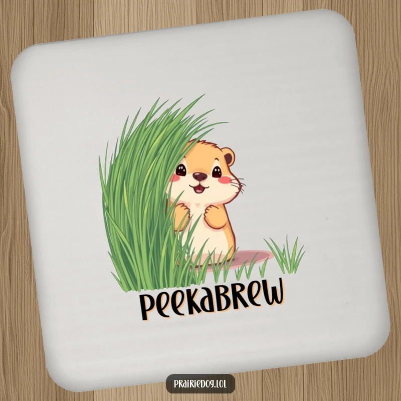 Funny prairie dog peeking from behind grass on a set of durable drink coasters, adding humor to any tabletop.