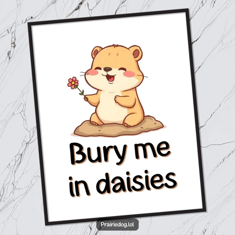 Funny poster illustration of a happy prairie dog popping its head from its burrow, holding a small flower.