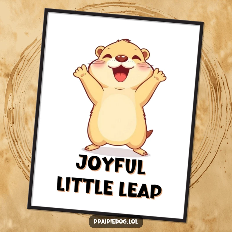 Funny poster illustration of a prairie dog performing a joyful celebratory jump with its paws enthusiastically in the air.