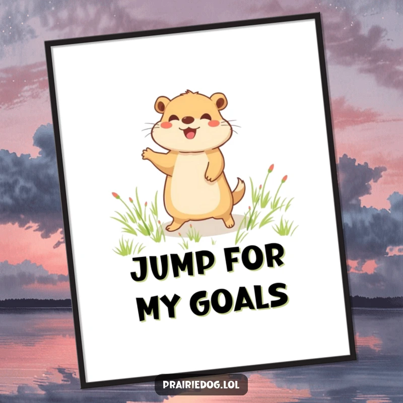 Funny poster print of a joyful prairie dog character performing a happy little hop in a green grassy field, capturing pure delight.