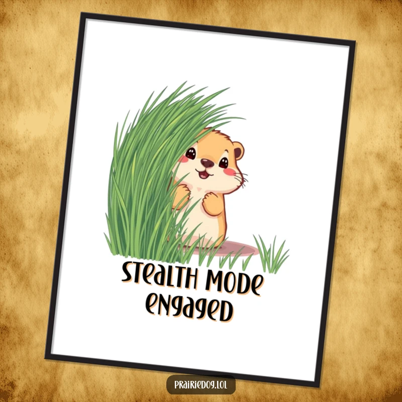Funny prairie dog peeking from behind grass on a vibrant poster, a delightful piece of wall art for humor lovers.