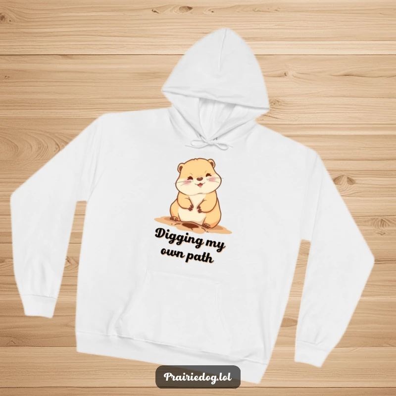 Funny prairie dog hoodie showing a cute animal digging a hole with its front claws, perfect for cozy and humorous wear