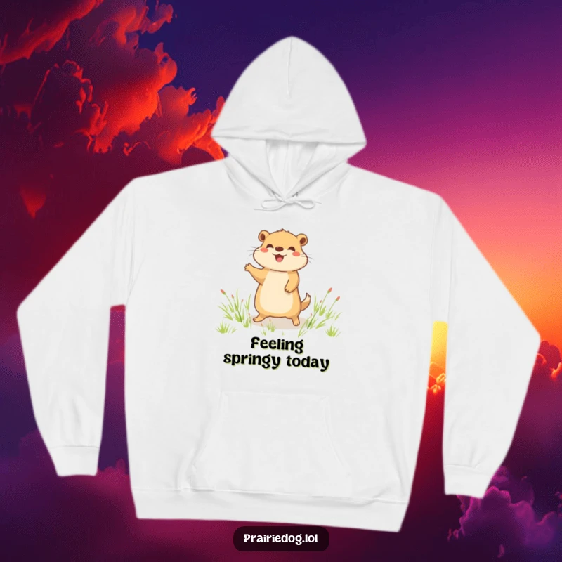 Funny hoodie with a joyful prairie dog character doing a happy little hop in a grassy field, designed for ultimate comfort and humor.
