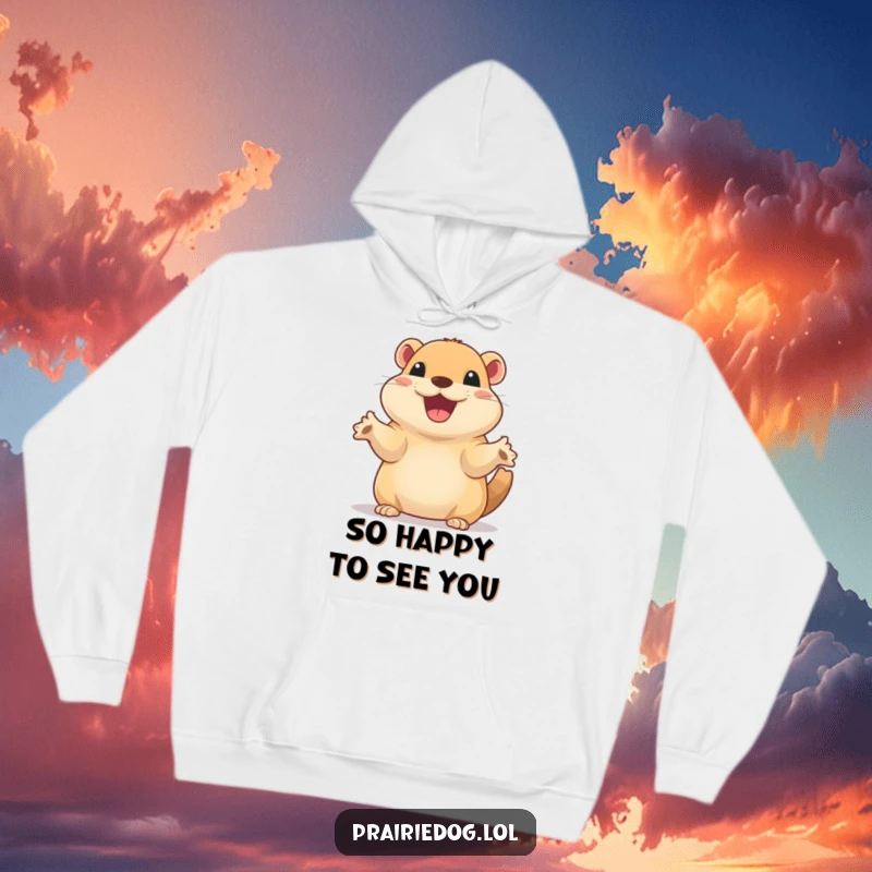 Funny hoodie showing a prairie dog with a wide, excited smile, actively waving its tiny paws.