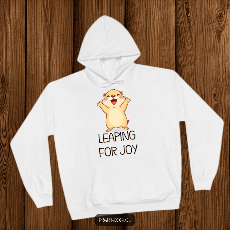 Funny hoodie showing an overjoyed prairie dog mid-celebratory jump with its front paws playfully up in the air.