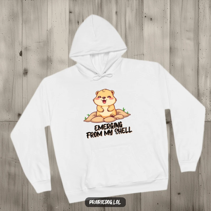 Funny hoodie with a cute prairie dog peeking from its burrow with an expression of pure glee, perfect for cozying up with a laugh.