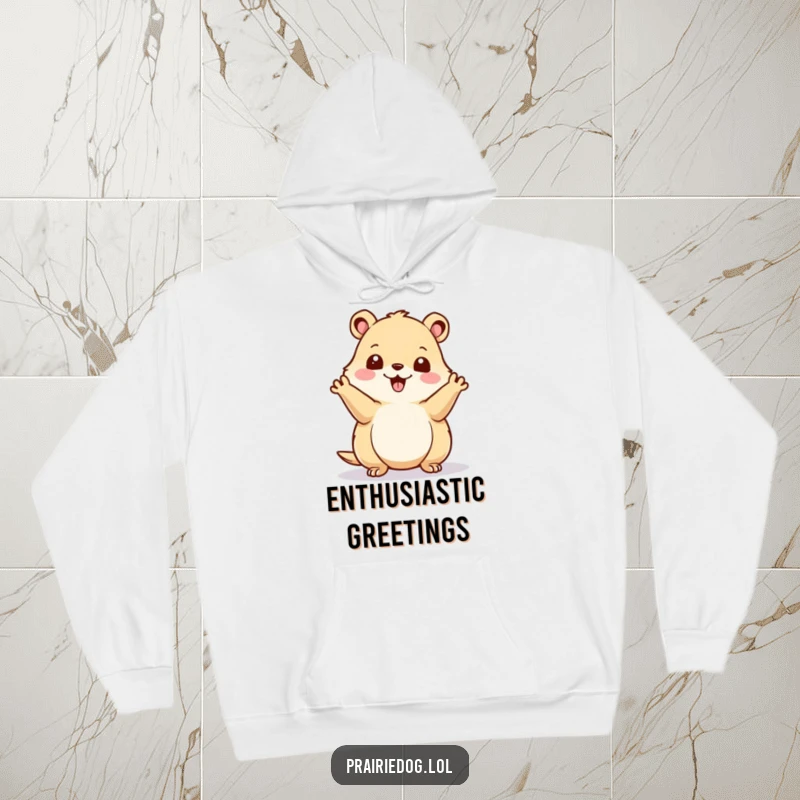 Funny prairie dog waving energetically on a warm, comfortable hoodie, perfect for spreading cheer in cooler weather.