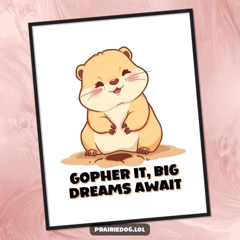 Funny Free Printable Wall Art of a happy prairie dog excitedly digging a hole, bringing whimsy indoors.