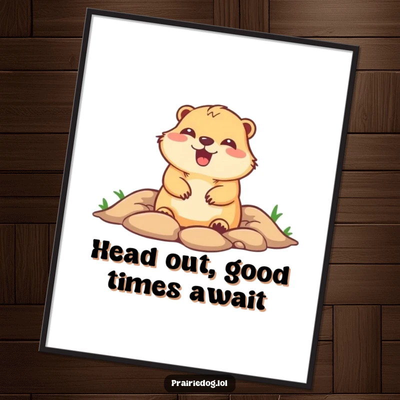 Funny Free Printable Wall Art: A cute prairie dog character popping its head out of a burrow with glee.