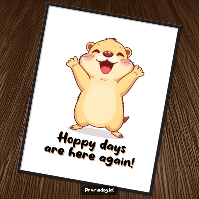 Funny Free Printable Wall Art: Joyful prairie dog doing a celebratory jump with front paws in the air, full of humor.