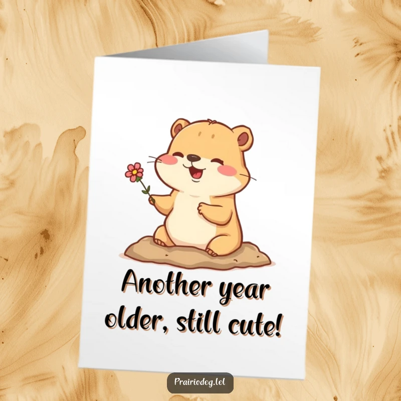 Funny Free Printable Birthday Card: Happy prairie dog peeking from burrow holding a flower, offering cheerful birthday wishes.
