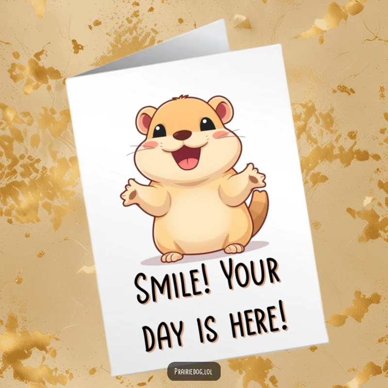 Funny Free Printable Birthday Card: Prairie dog with wide excited smile waves tiny paws, offering happy birthday greetings humorously.
