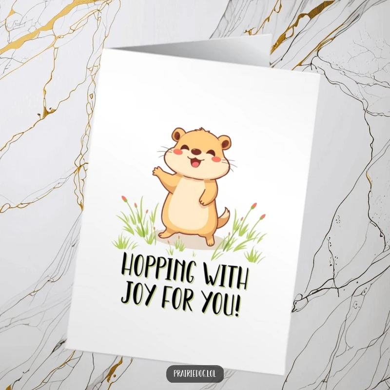 Funny Free Printable Congratulations Card: Joyful prairie dog hopping in a field, celebrating a victory.