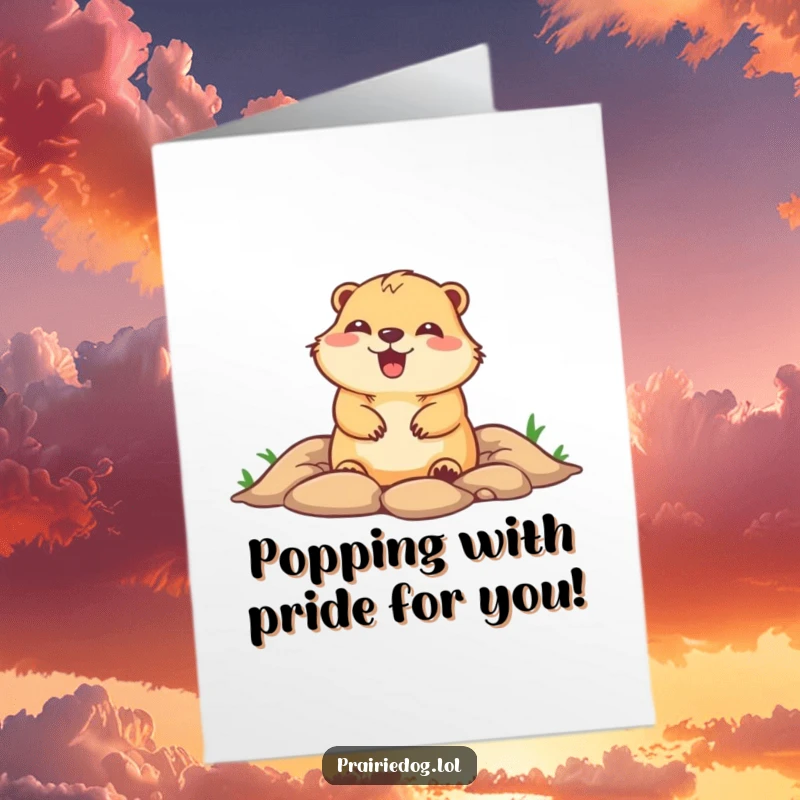 Funny Free Printable Congratulations Card: Cute prairie dog peeking from burrow with glee, celebrating achievements.
