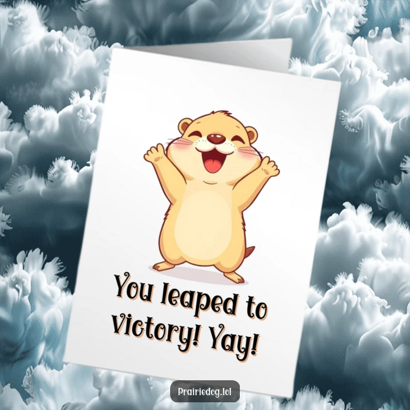 Funny Free Printable Congratulations Card: Joyful prairie dog jumping with paws in the air, celebrating achievements with pure excitement.