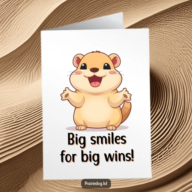 Funny Free Printable Congratulations Card: Prairie dog with excited smile waves tiny paws, celebrating achievements with sheer delight.
