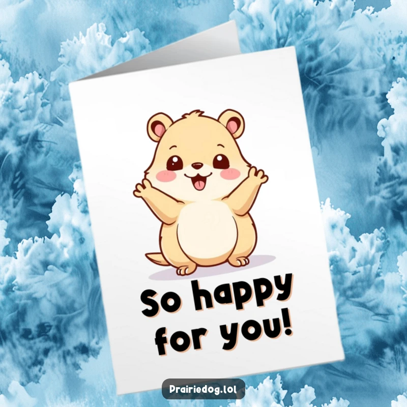 Funny Free Printable congratulations card showing a happy prairie dog enthusiastically waving its paws, spreading cheer.